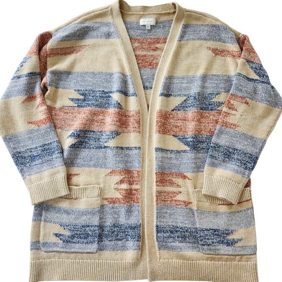 Lucky Brand Women's Aztec Print Knit Duster long Open Cardigan Sweater sz Large - Picture 1 of 4